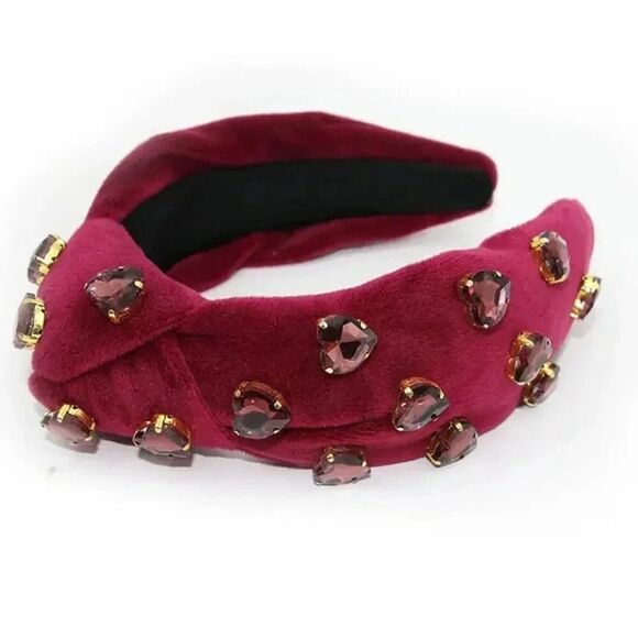 BURGUNDY VELVET KNOTTED HEADBAND WITH HEART-SHAPED CRYSTALS - Picture 3 of 4